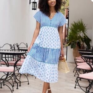 Printfresh Blue and White Striped In Bloom Main Act Midi Dress - Small